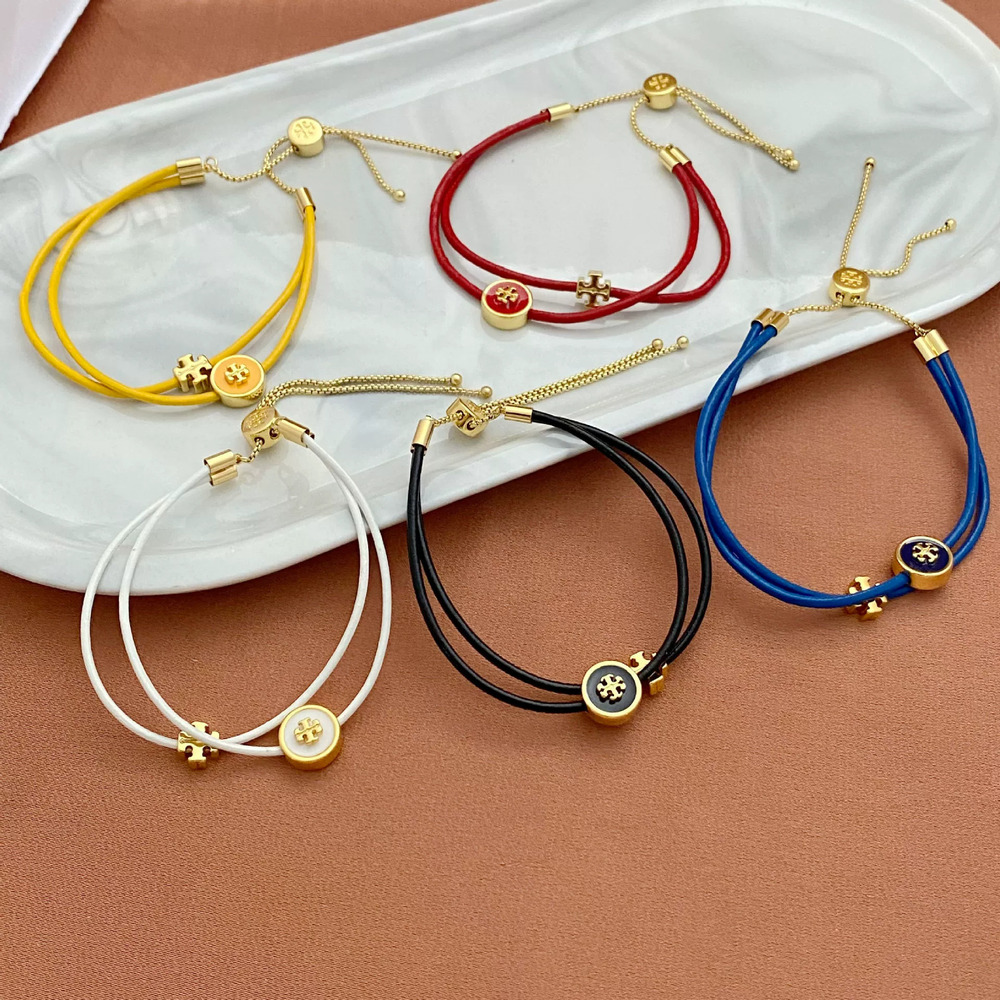 Tory Burch Double Layer Colorful Leather Cord Adjustable Metal Bracelet